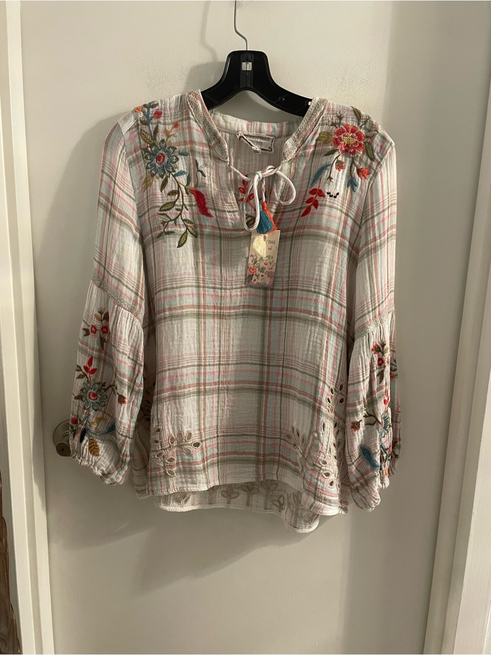 NWT JOHNNY WAS Small Lidia Effortless Embroidered Cotton Peasant Blouse $220
